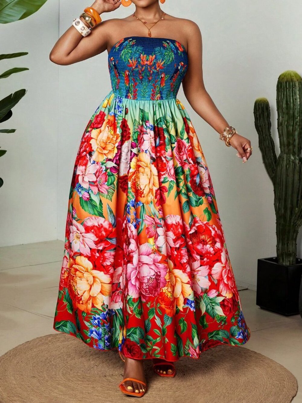Multicolor Boho Women's Plus Size Sleeveless Elegant Floral Maxi Dress - Picture 4 of 9